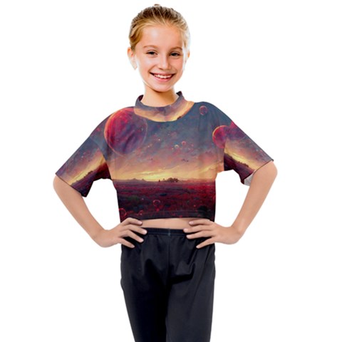 Fantasy World Red Bubbles Landscape Kids Mock Neck Tee by Wegoenart