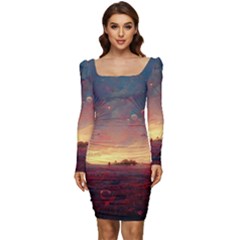 Fantasy World Red Bubbles Landscape Women Long Sleeve Ruched Stretch Jersey Dress by Wegoenart