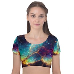 Abstract Galactic Wallpaper Velvet Short Sleeve Crop Top  by Ravend