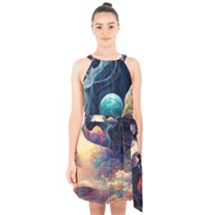 Quantum Physics Dreaming Lucid Halter Collar Waist Tie Chiffon Dress