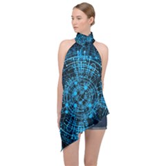 Network Circuit Board Trace Halter Asymmetric Satin Top by Ravend