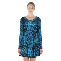 Network Circuit Board Trace Long Sleeve Velvet V-neck Dress