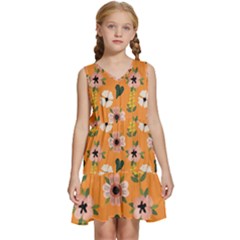 Flower White Pattern Floral Kids  Sleeveless Tiered Mini Dress