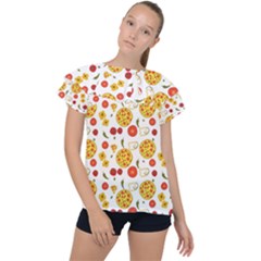 Illustration Pizza Background Vegetable Ruffle Collar Chiffon Blouse