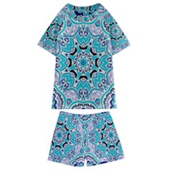 Blue Shades Mandala   Kids  Swim Tee And Shorts Set by ConteMonfrey