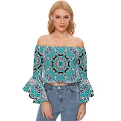 Blue Shades Mandala   Off Shoulder Flutter Bell Sleeve Top by ConteMonfrey