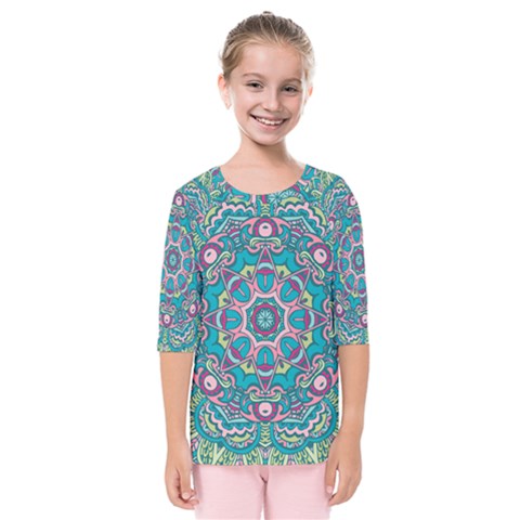 Green, Blue And Pink Mandala  Kids  Quarter Sleeve Raglan Tee by ConteMonfrey