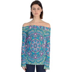 Green, Blue And Pink Mandala  Off Shoulder Long Sleeve Top by ConteMonfrey