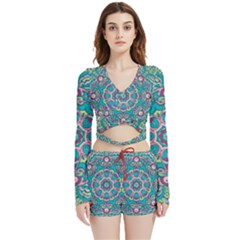 Green, Blue And Pink Mandala  Velvet Wrap Crop Top And Shorts Set by ConteMonfrey