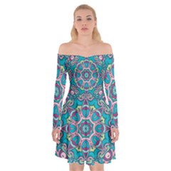 Green, Blue And Pink Mandala  Off Shoulder Skater Dress by ConteMonfrey