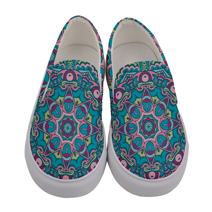 Green, Blue And Pink Mandala  Women s Canvas Slip Ons