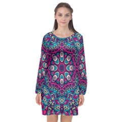 Purple, Blue And Pink Eyes Long Sleeve Chiffon Shift Dress 