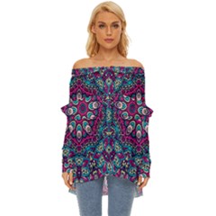 Purple, Blue And Pink Eyes Off Shoulder Chiffon Pocket Shirt