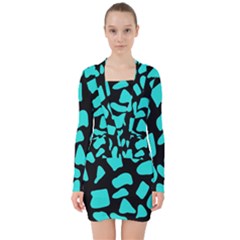 Blue Neon Cow Background   V-neck Bodycon Long Sleeve Dress by ConteMonfrey