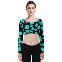 Blue Neon Cow Background   Velvet Long Sleeve Crop Top by ConteMonfrey