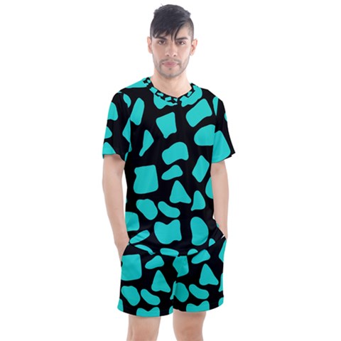 Blue Neon Cow Background   Men s Mesh Tee And Shorts Set by ConteMonfrey