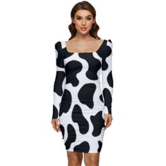 Cow Black And White Spots Women Long Sleeve Ruched Stretch Jersey Dress