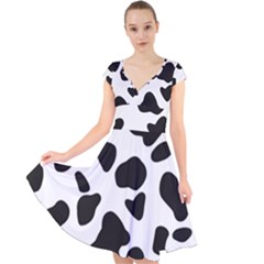 Black And White Spots Cap Sleeve Front Wrap Midi Dress