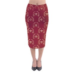 Golden Bees Red Sky Velvet Midi Pencil Skirt