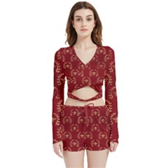 Golden Bees Red Sky Velvet Wrap Crop Top And Shorts Set by ConteMonfrey