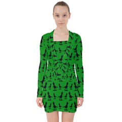 Green Dinos V-neck Bodycon Long Sleeve Dress