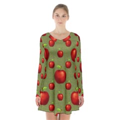 Apples Long Sleeve Velvet V-neck Dress by nateshop