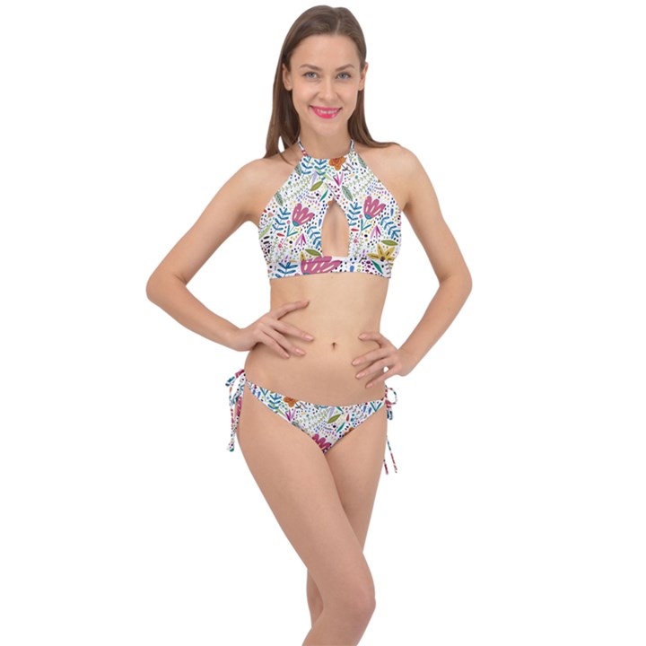 Flowers Cross Front Halter Bikini Set