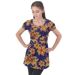 Seamless-pattern Floral Batik-vector Puff Sleeve Tunic Top