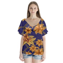 Seamless-pattern Floral Batik-vector V-neck Flutter Sleeve Top