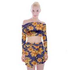 Seamless-pattern Floral Batik-vector Off Shoulder Top With Mini Skirt Set