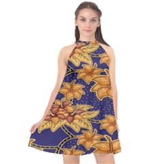 Seamless-pattern Floral Batik-vector Halter Neckline Chiffon Dress 