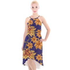 Seamless-pattern Floral Batik-vector High-Low Halter Chiffon Dress 