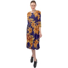 Seamless-pattern Floral Batik-vector Ruffle End Midi Chiffon Dress