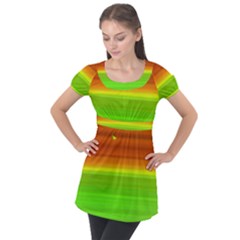 Orange And Green Blur Abstract Print Puff Sleeve Tunic Top by dflcprintsclothing