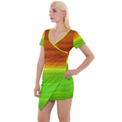 Orange And Green Blur Abstract Print Short Sleeve Asymmetric Mini Dress by dflcprintsclothing