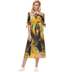 Japan Garden Color Tree Zen Bow Sleeve Chiffon Midi Dress