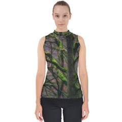 Tree Moss Forest Bark Wood Trunk Mock Neck Shell Top by Wegoenart