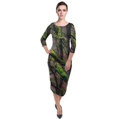 Tree Moss Forest Bark Wood Trunk Quarter Sleeve Midi Velour Bodycon Dress by Wegoenart