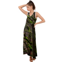 Tree Moss Forest Bark Wood Trunk V-neck Chiffon Maxi Dress by Wegoenart