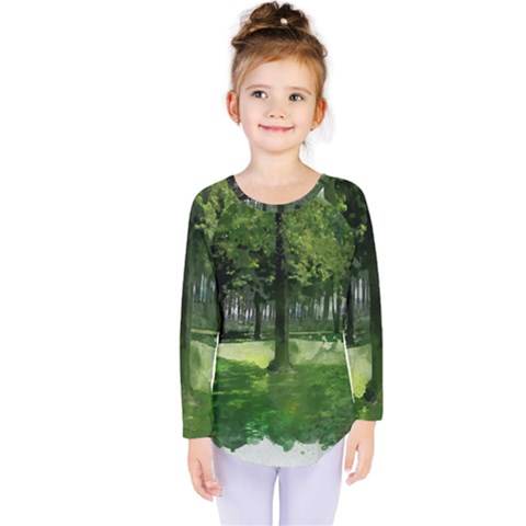 Beeches Trees Tree Lawn Forest Nature Kids  Long Sleeve Tee by Wegoenart