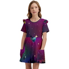 Asteroid Comet Star Space Aurora Kids  Frilly Sleeves Pocket Dress by Wegoenart