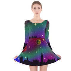 Illustration Clock Asteroid Comet Galaxy Long Sleeve Velvet Skater Dress by Wegoenart