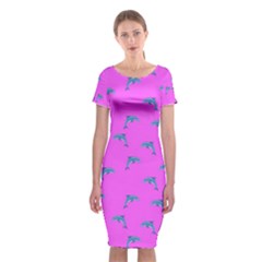 Pink And Blue, Cute Dolphins Pattern, Animals Theme Classic Short Sleeve Midi Dress