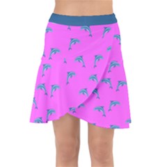 Pink And Blue, Cute Dolphins Pattern, Animals Theme Wrap Front Skirt by Casemiro