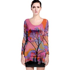 Tree Landscape Abstract Nature Colorful Scene Long Sleeve Bodycon Dress by danenraven