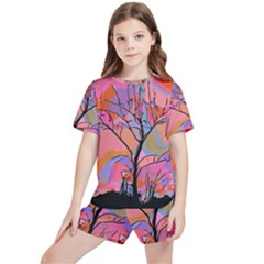Tree Landscape Abstract Nature Colorful Scene Kids  Tee And Sports Shorts Set by danenraven
