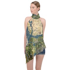 Map Illustration Grand Theft Auto Halter Asymmetric Satin Top