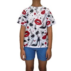 Red Lips Black Heels Pattern Kids  Short Sleeve Swimwear by Jancukart