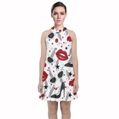 Red Lips Black Heels Pattern Velvet Halter Neckline Dress 