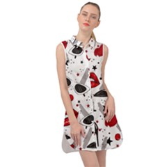 Red Lips Black Heels Pattern Sleeveless Shirt Dress